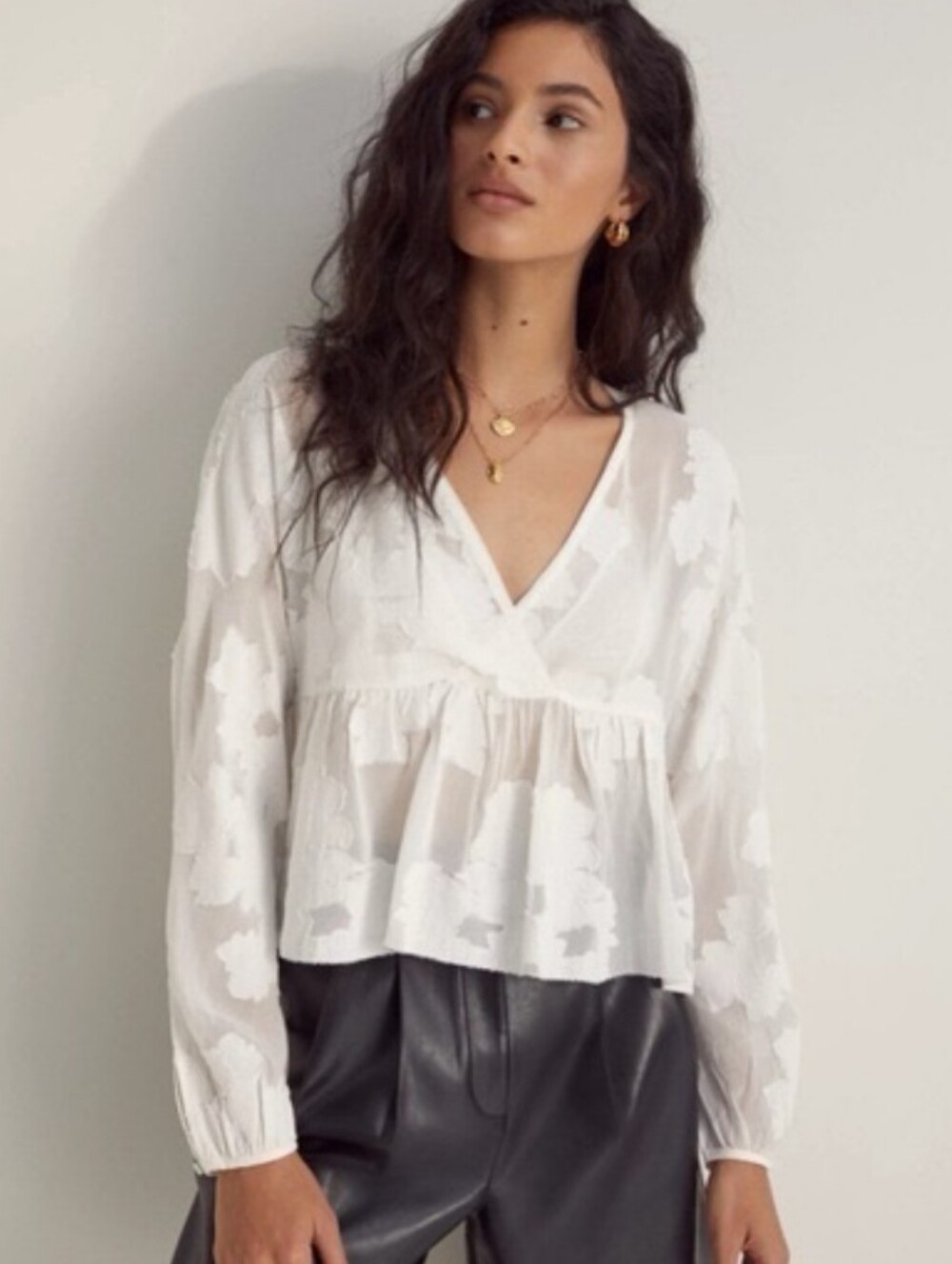 Wilfred White Floral Sheer V-Neck Peplum Tunic